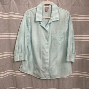 CHICO'S / No Iron Teal & White Gingham Print 3/4 Sleeve Blouse Size 2(12/14)